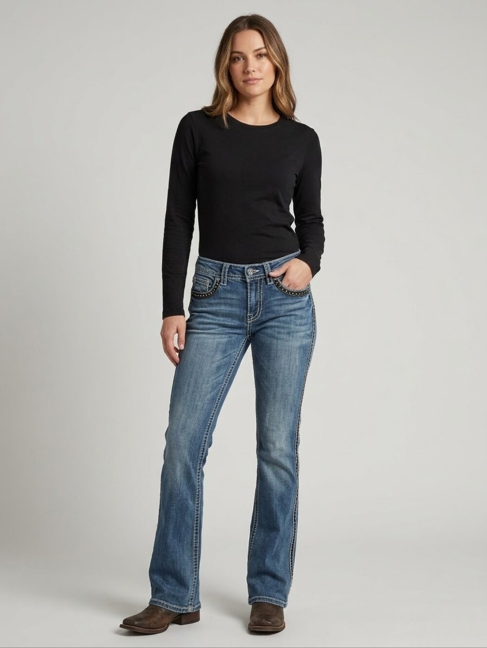 Cowgirl Tuff Victory Black & White Western Bootcut Jeans W27 L31 Cross Pockets